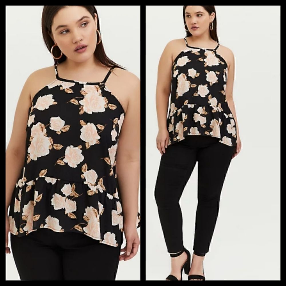5X 28W Pink Rose Drop Waist Cami Hi-low Hem Flowy